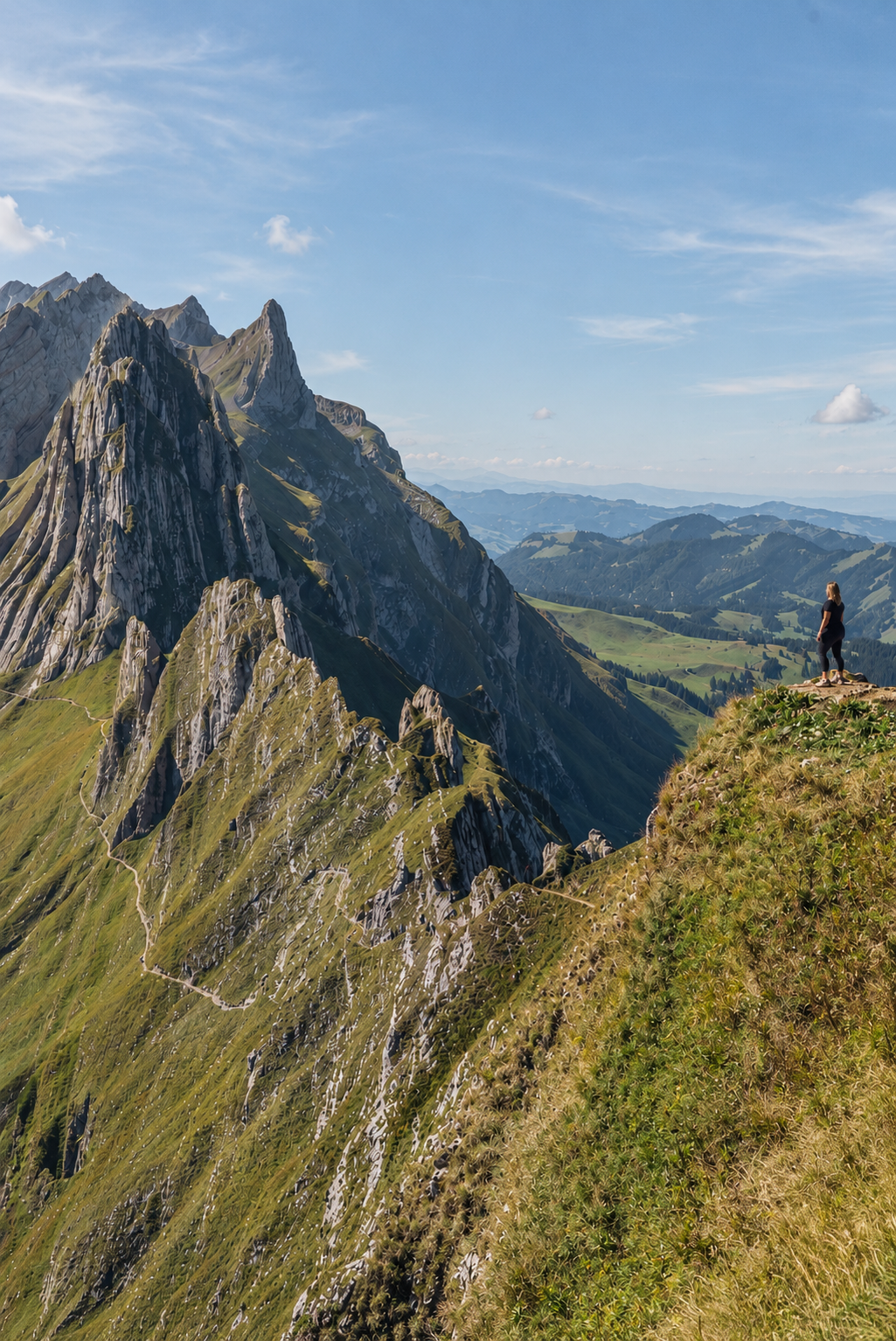 Vue panoramique sur les sommets rocheux de l’Alpstein depuis la randonnée du Schäfler, avec une randonneuse au bord de la crête, en Suisse.