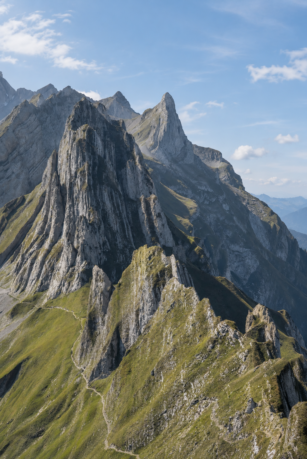 Sommets rocheux du massif de l’Alpstein, avec leurs falaises escarpées et leurs pentes verdoyantes, vus depuis le Schäfler en Suisse.