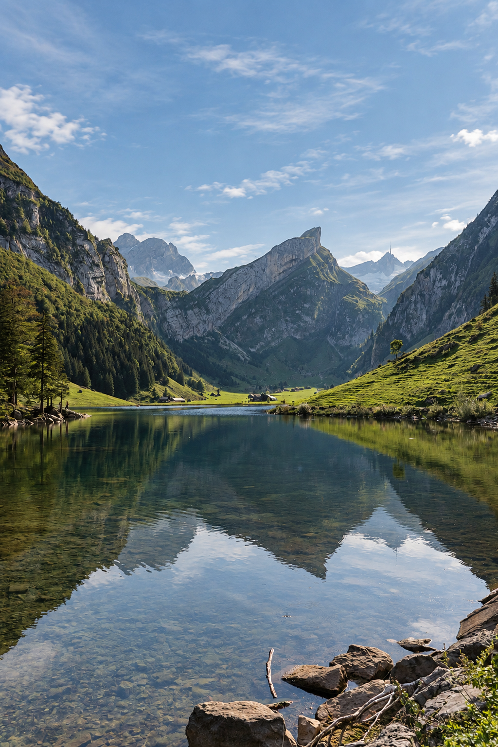 Vue sur le lac de Seealpsee aux eaux cristallines, entouré de prairies verdoyantes et des sommets rocheux du massif de l’Alpstein, en Suisse.