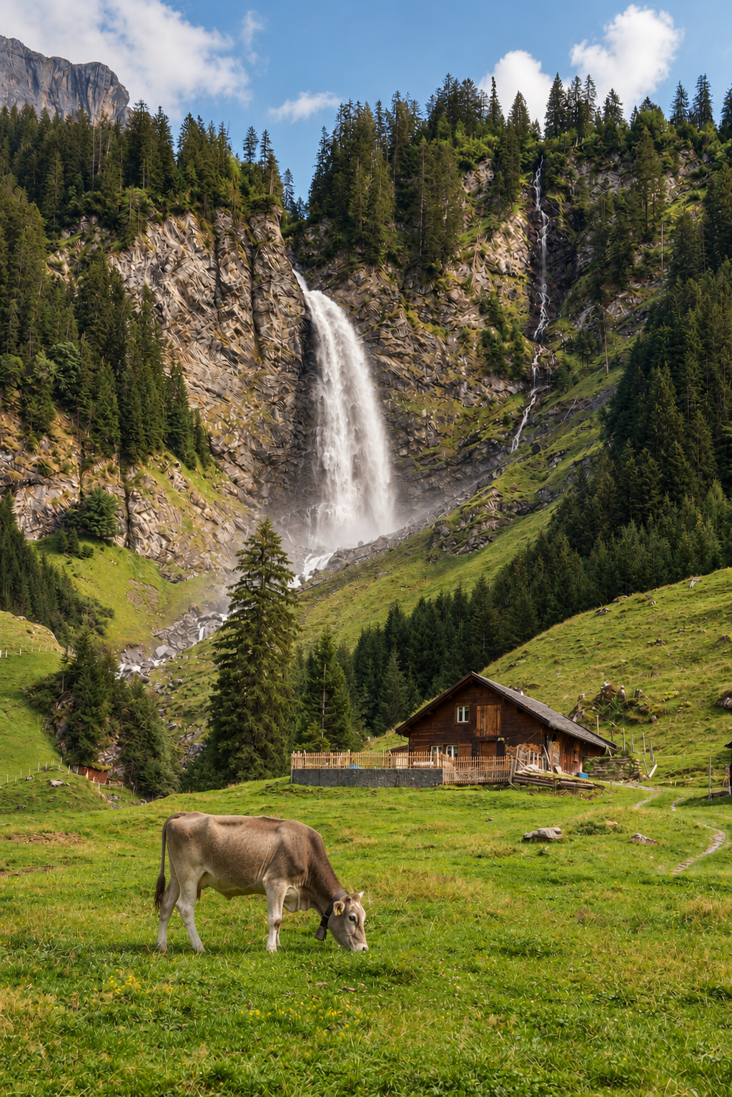 vallé alpine, pâturage suise, Stauber waterfall