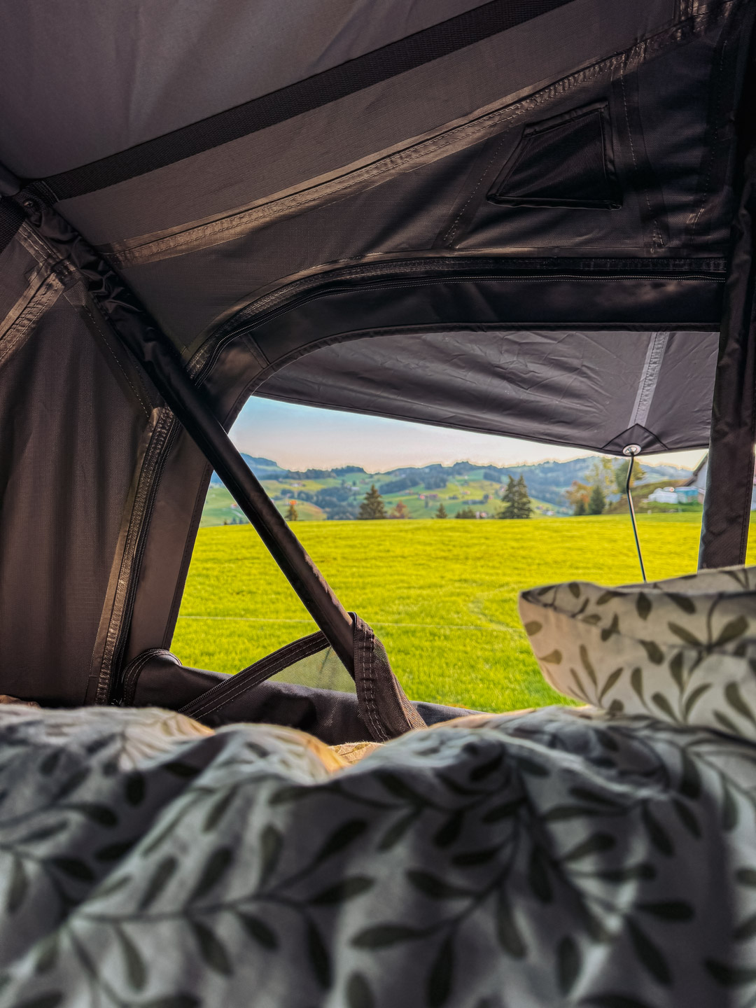 vue au réveil depuis la tentbox sur les pâturages suisse