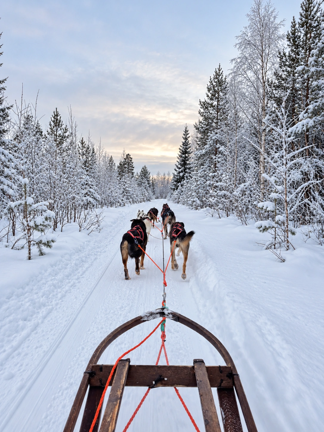 balade en chien de traineau dans la foret enneigé Laponie